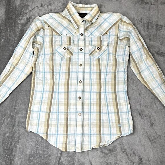 ARIAT Womens SZ Small Fitted Tan Blue Cream Plaid Embroidered Studded Snap Shirt - Picture 2 of 8